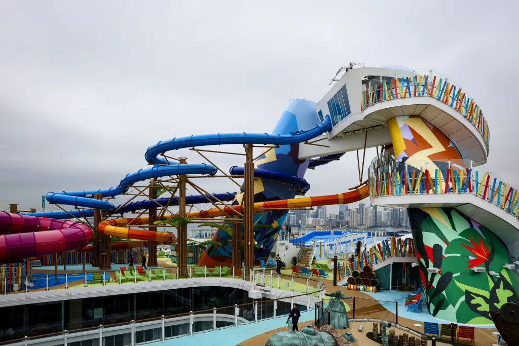 Water slides at the Thrill Island waterpark onboard the Royal Caribbean Icon of the Seas cruise ship at PortMiami in Miami, Florida.