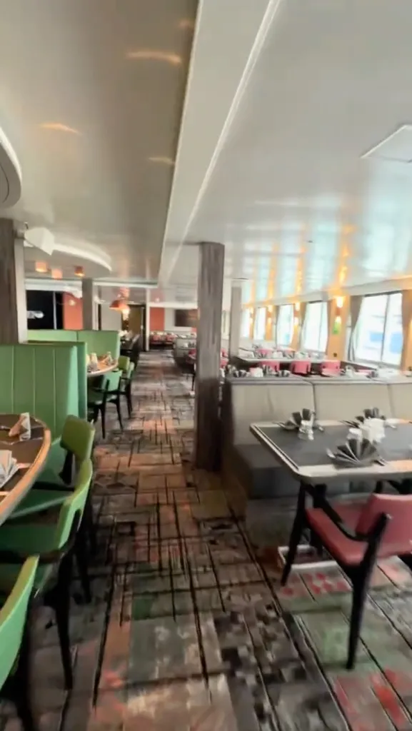 Interior view of the MV Hondius cruise ship restaurant.