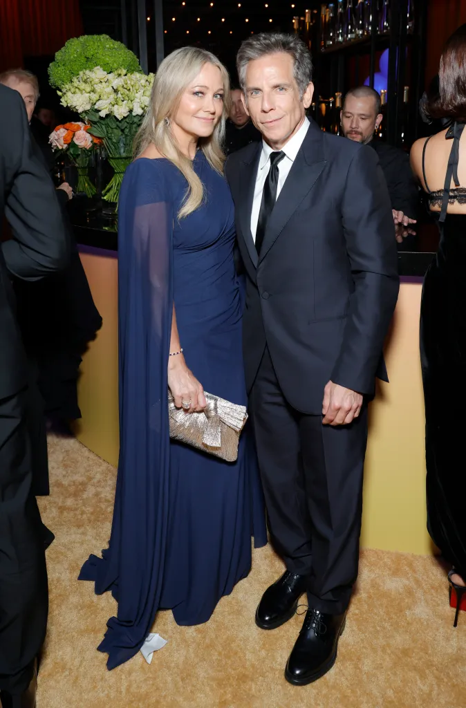 Christine Taylor and Ben Stiller pose together at the 2025 Vanity Fair Oscar Party.
