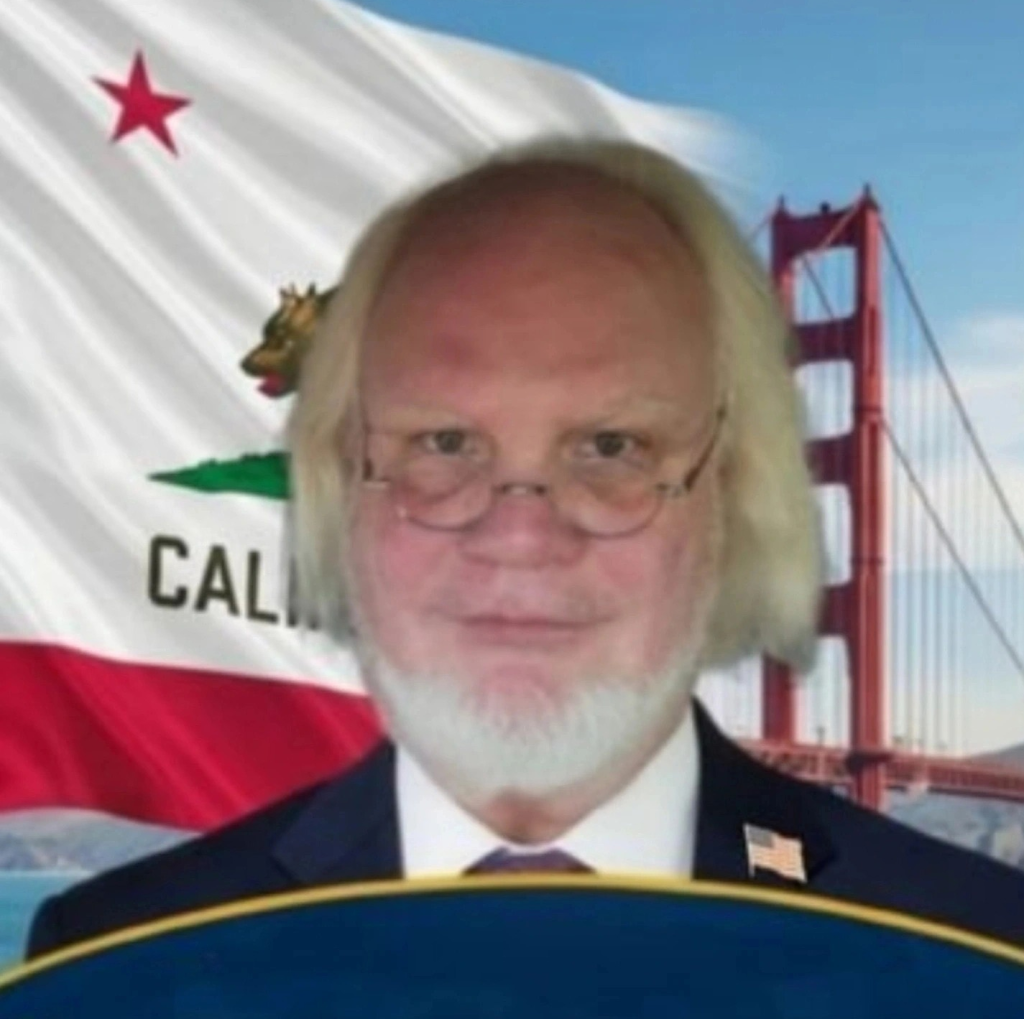 Collage of DeMott, a candidate for governor, with the California state flag and Golden Gate Bridge in the background.
