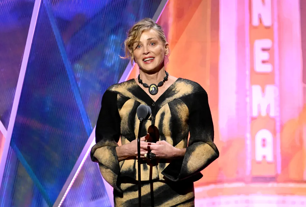 Sharon Stone speaking at the 2026 Annual Movies for Grownups Awards.