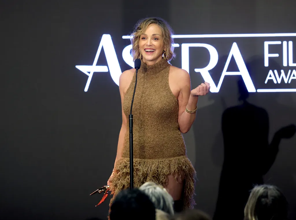 Sharon Stone, winner of the Timeless Award, speaks onstage at the 2026 Astra Film Awards.