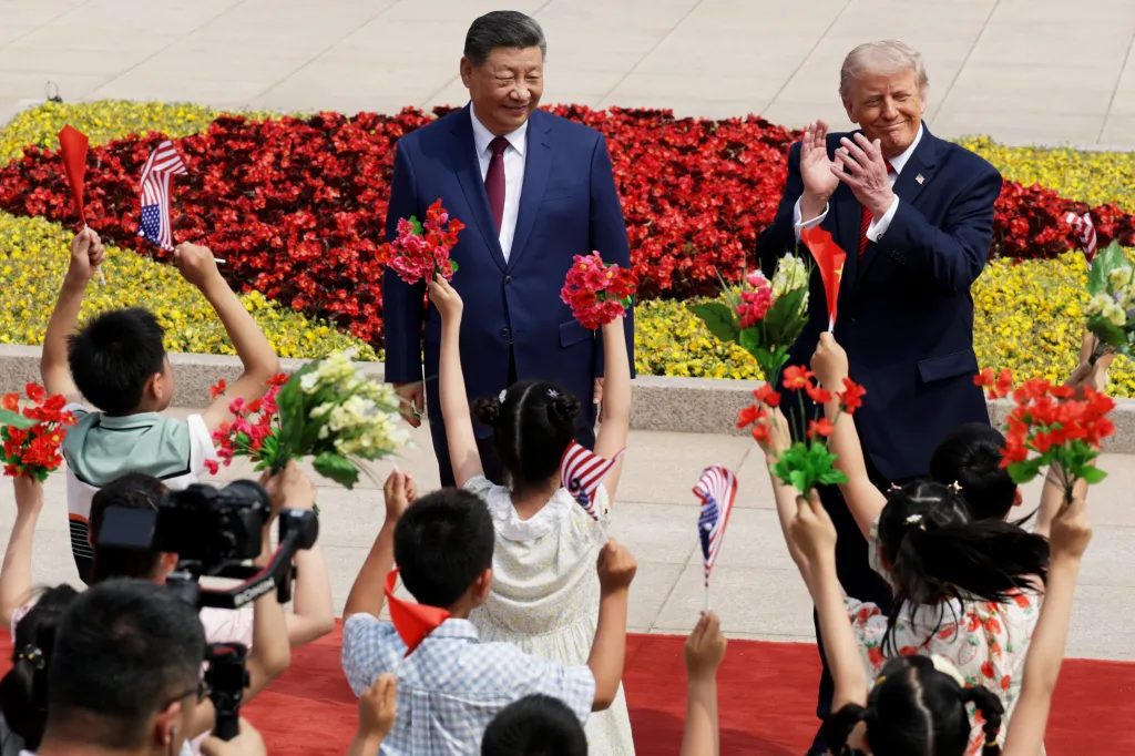 President Donald Trump participates in a welcome ceremony with Chinese President Xi Jinping in Beijing, China, on May 14, 2026.