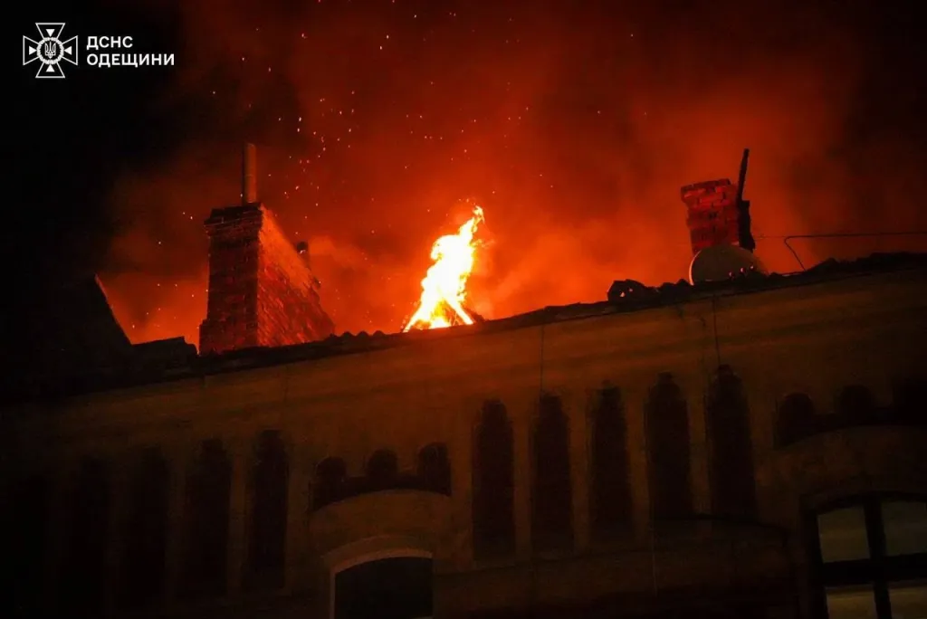 In this photo provided by the Ukrainian Emergency Services on Monday, May 18, 2026, a building is seen on fire after a Russian strike on Odesa, Ukraine. 