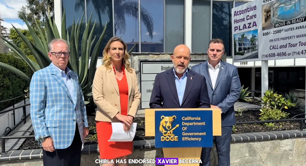 Republican gubernatorial candidate Steve Hilton at a debate with three other individuals and a podium for the California Department of Government Efficiency.