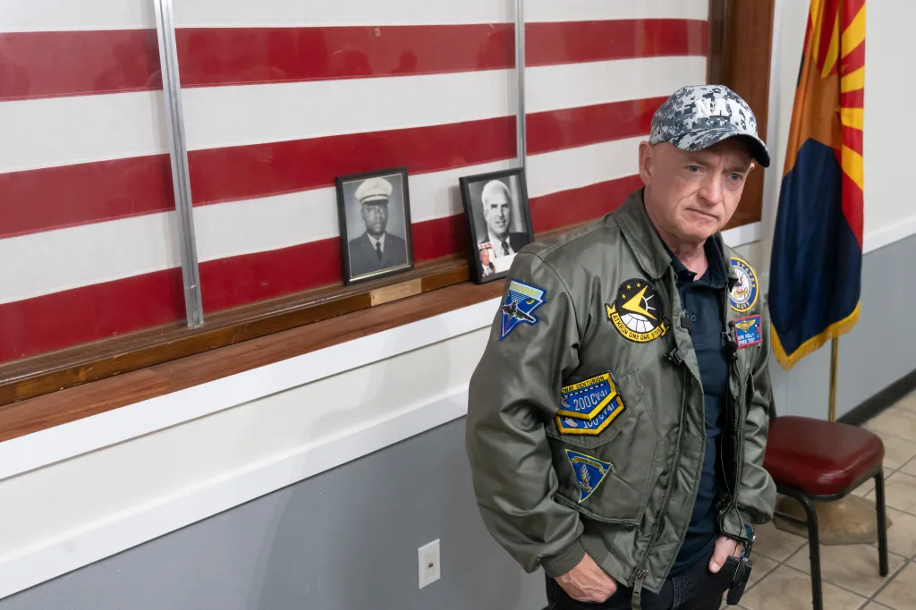 Sen. Mark Kelly (D-AZ) holds a press conference after a veterans town hall at John S. McCain VFW Post 7401 on May 8, 2026 in Chandler, Arizona.