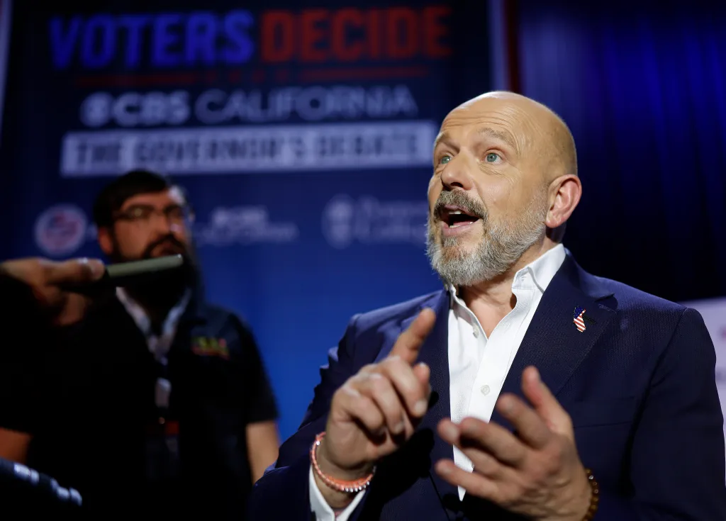 California gubernatorial candidate Steve Hilton speaks to the press at Pomona College.