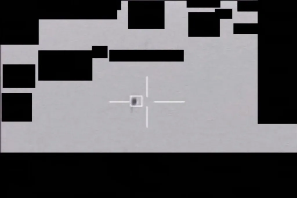 Infrared video of a UAP over Lake Huron with targeting crosshairs on it.