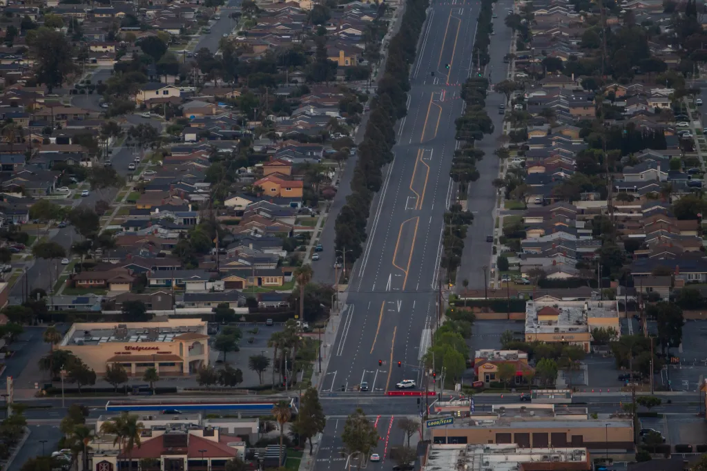 Aerial view of traffic cones on closed streets in Garden Grove, California.