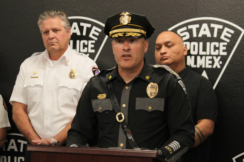 New Mexico State Police Chief Matt Broom gives an update at a press conference in Albuquerque on May 22, 2026.