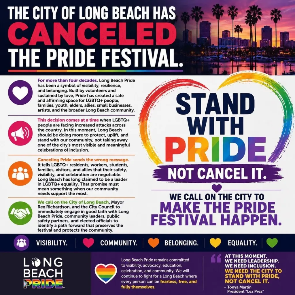 An illustration of a protest flyer from Long Beach Pride with the headline 