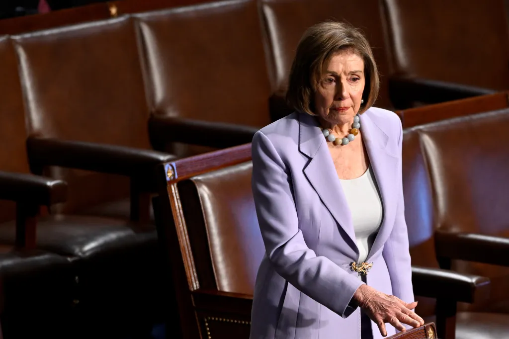 Representative Nancy Pelosi arrives for a joint address to Congress by King Charles III in the House Chamber at the US Capitol.