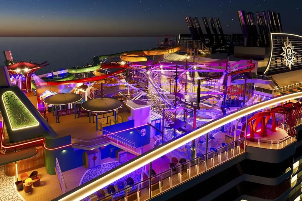 Illustration of a massive new cruise ship with an outdoor theme park including water slides and a ropes course lit up at night.