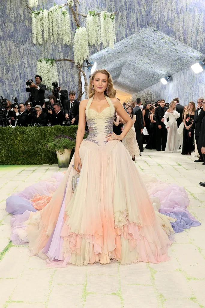 Blake Lively in a pastel ombre gown with a jeweled corset top at the 2026 Met Gala.