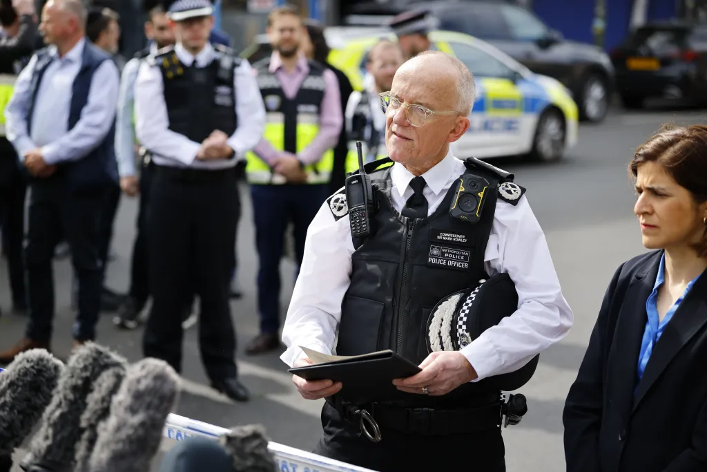 Metropolitan Police Commissioner Sir Mark Peter Rowley giving a statement at the scene where two Jewish men were stabbed in London.