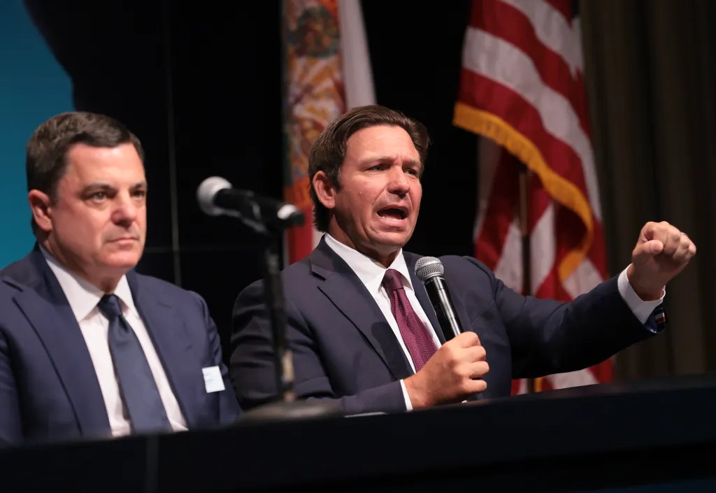 Florida Gov. Ron DeSantis speaking at the Boom Belt conference in Miami.