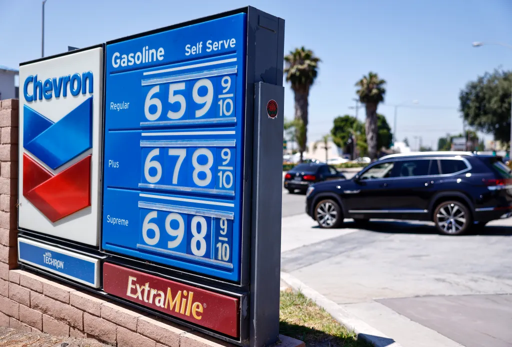 Gasoline price sign at a Chevron station showing $6.59 for Regular, $6.78 for Plus, and $6.98 for Supreme.