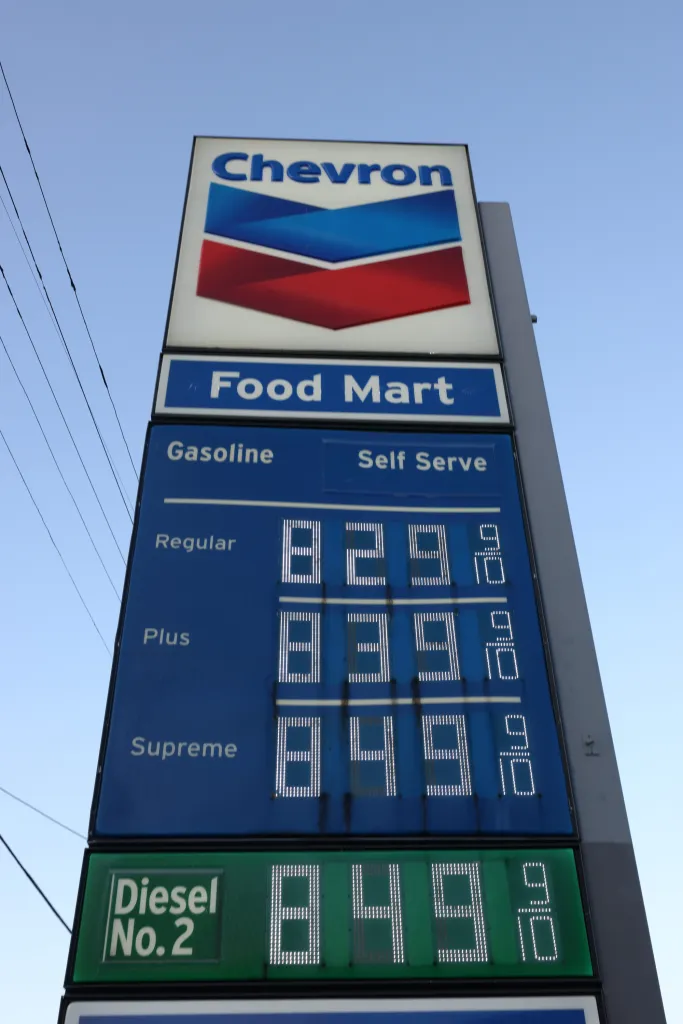 A Chevron gas station sign displaying prices for regular, plus, and supreme gasoline at $8.29, $8.39, and $8.49 per gallon respectively, and Diesel No. 2 at $8.49 per gallon.