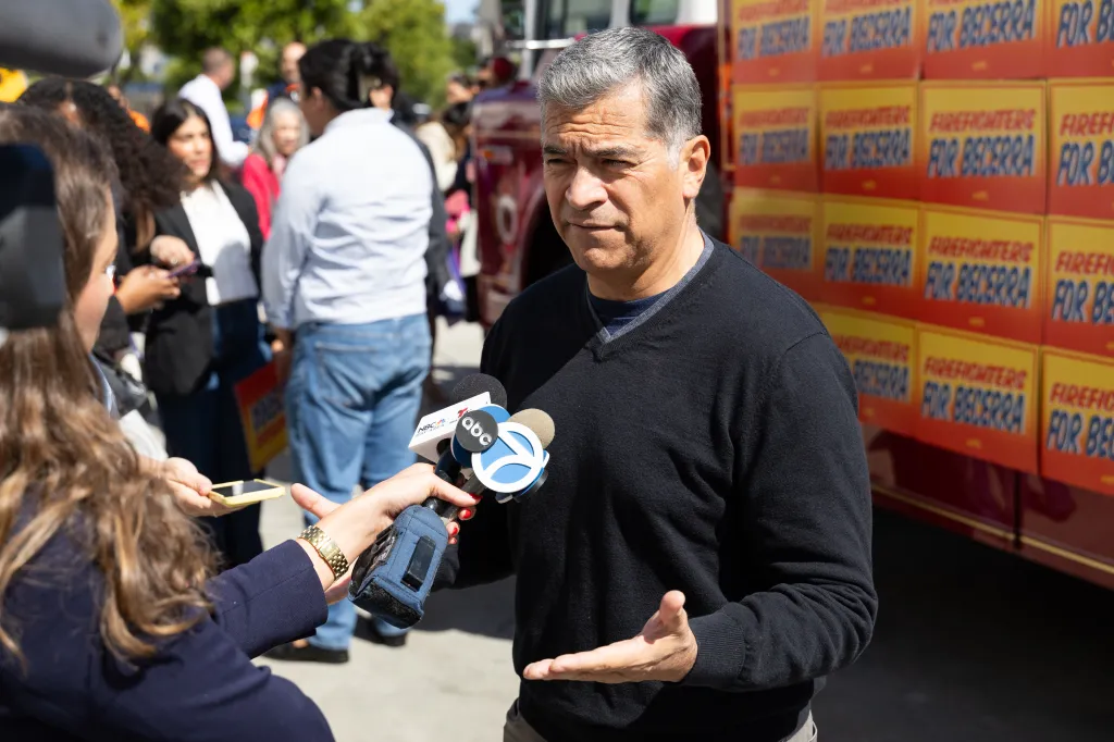 California gubernatorial candidate Xavier Becerra speaking to reporters.