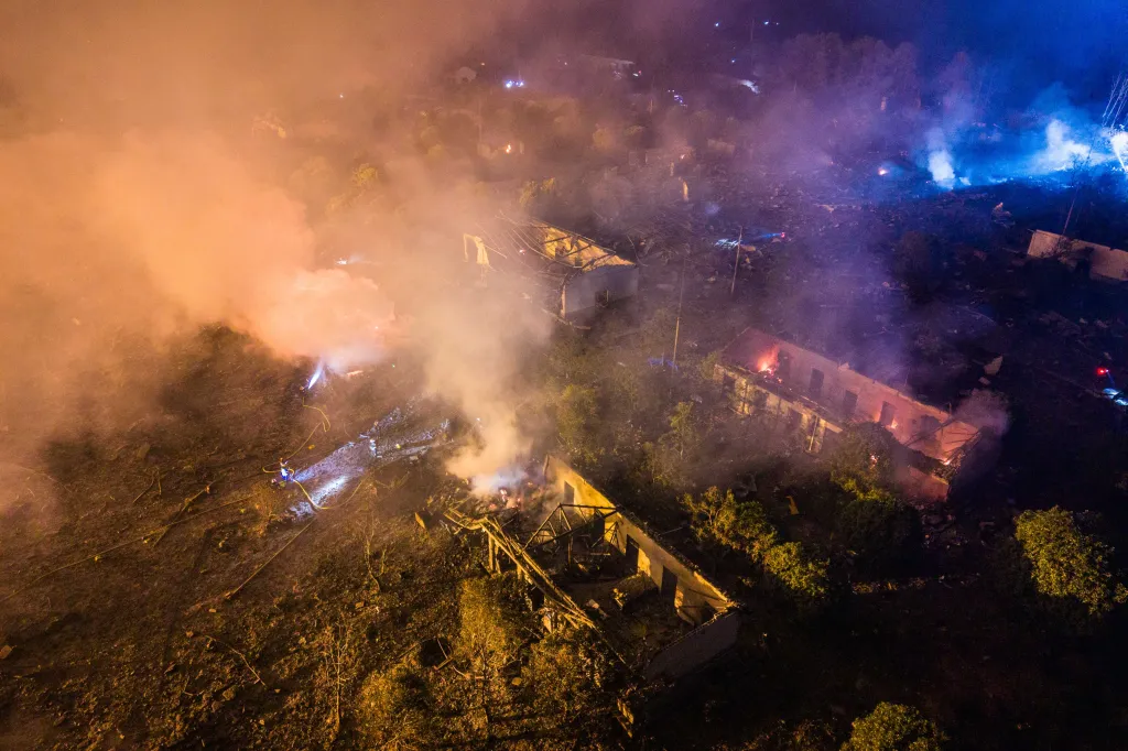 This aerial drone photo taken in the early hours of May 5, 2026 shows rescuers working on site after an explosion at a fireworks plant in Guandu Town of Liuyang, central China's Hunan Province.