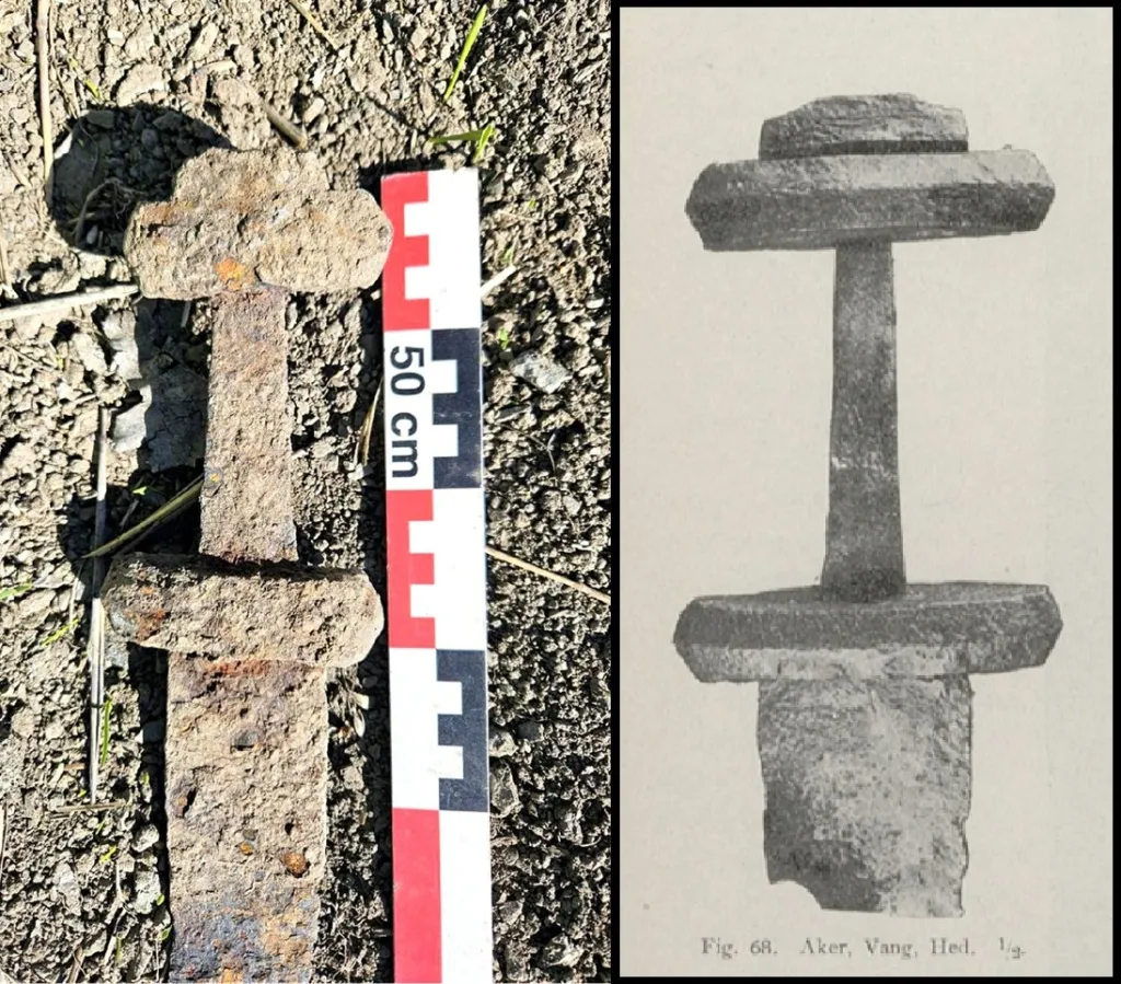 Collage of a 1,300-year-old early Viking Age sword and an illustration of a similar sword.
