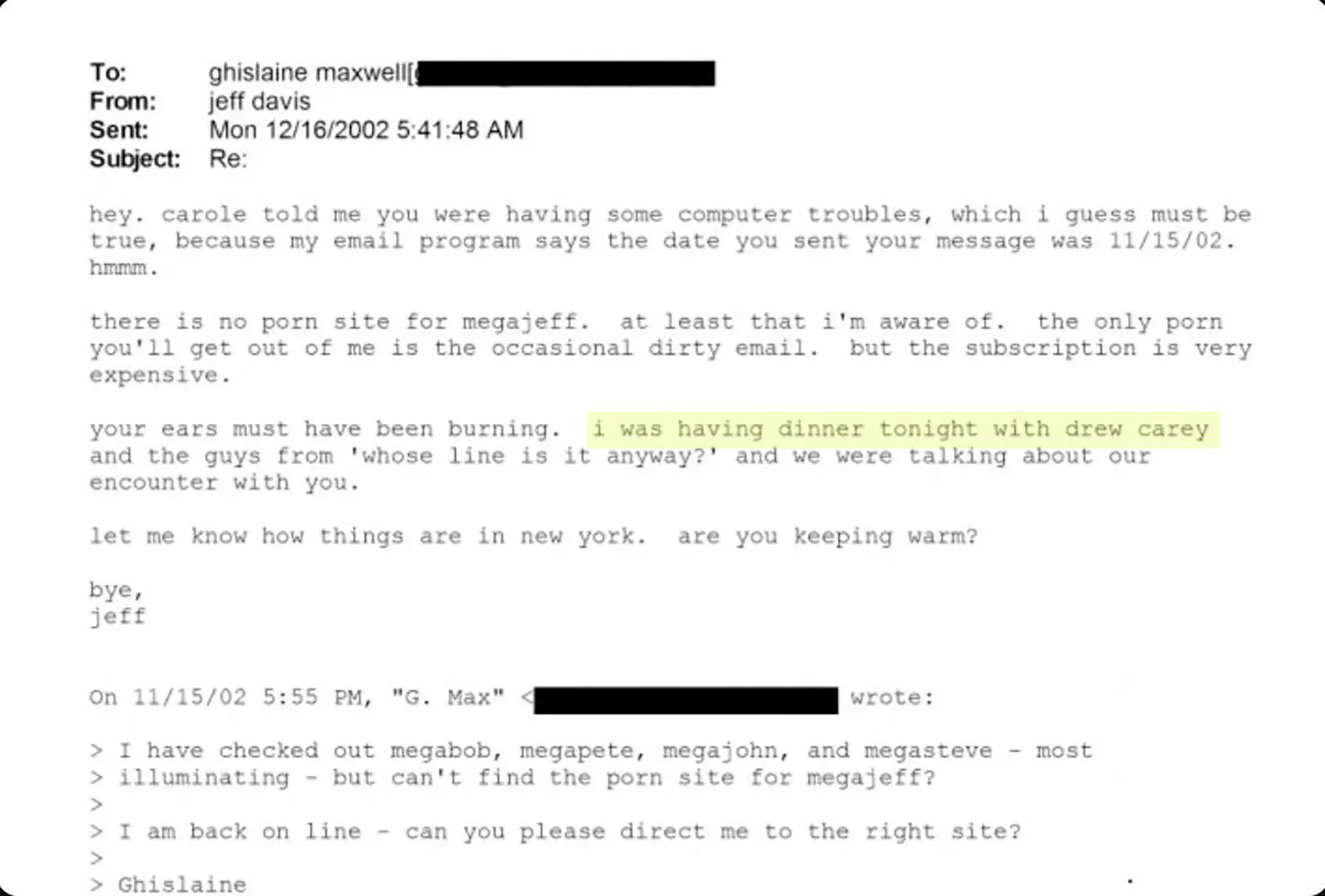 An email from Jeff Davis to Ghislaine Maxwell referencing a dinner with Drew Carey.