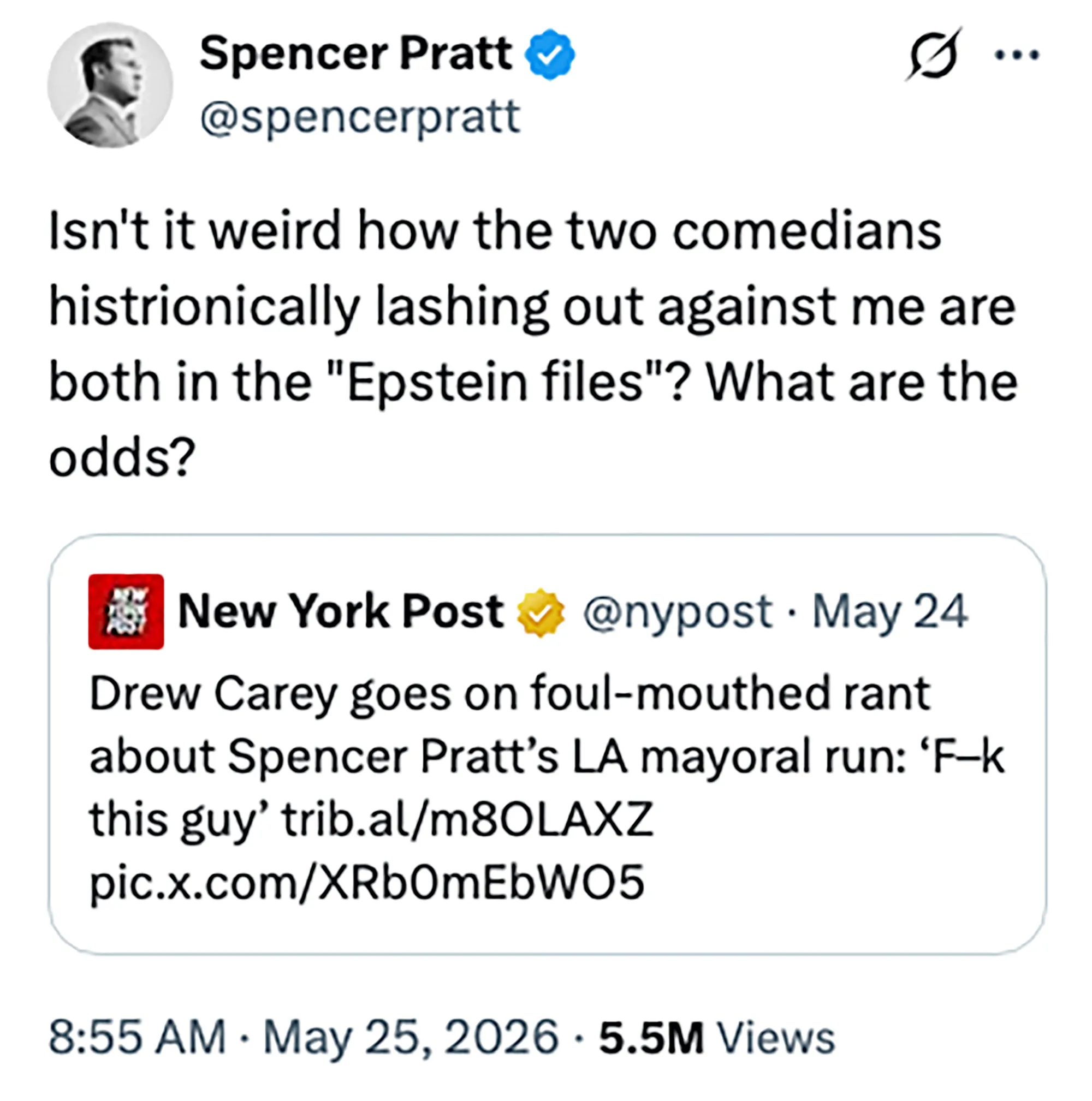 Screenshot of a tweet from Spencer Pratt about comedians in the 