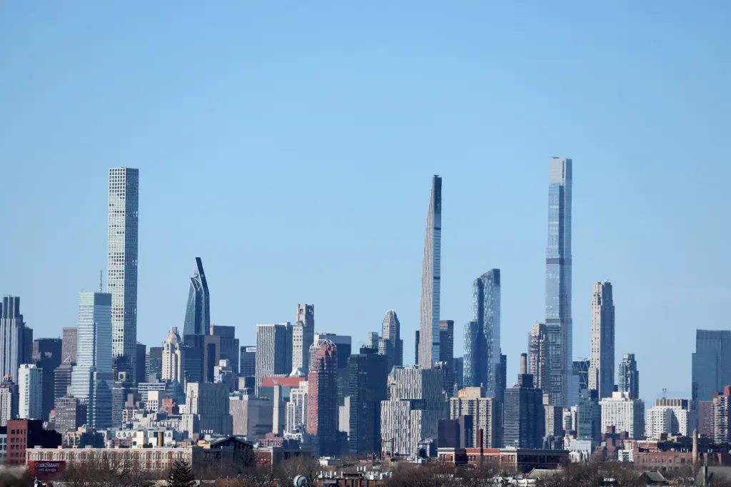 Billionaires' Row supertall residential skyscrapers rise over Midtown Manhattan.