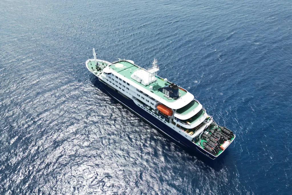 Aerial view of the cruise ship MV Hondius stationary off the port of Praia, Cape Verde.