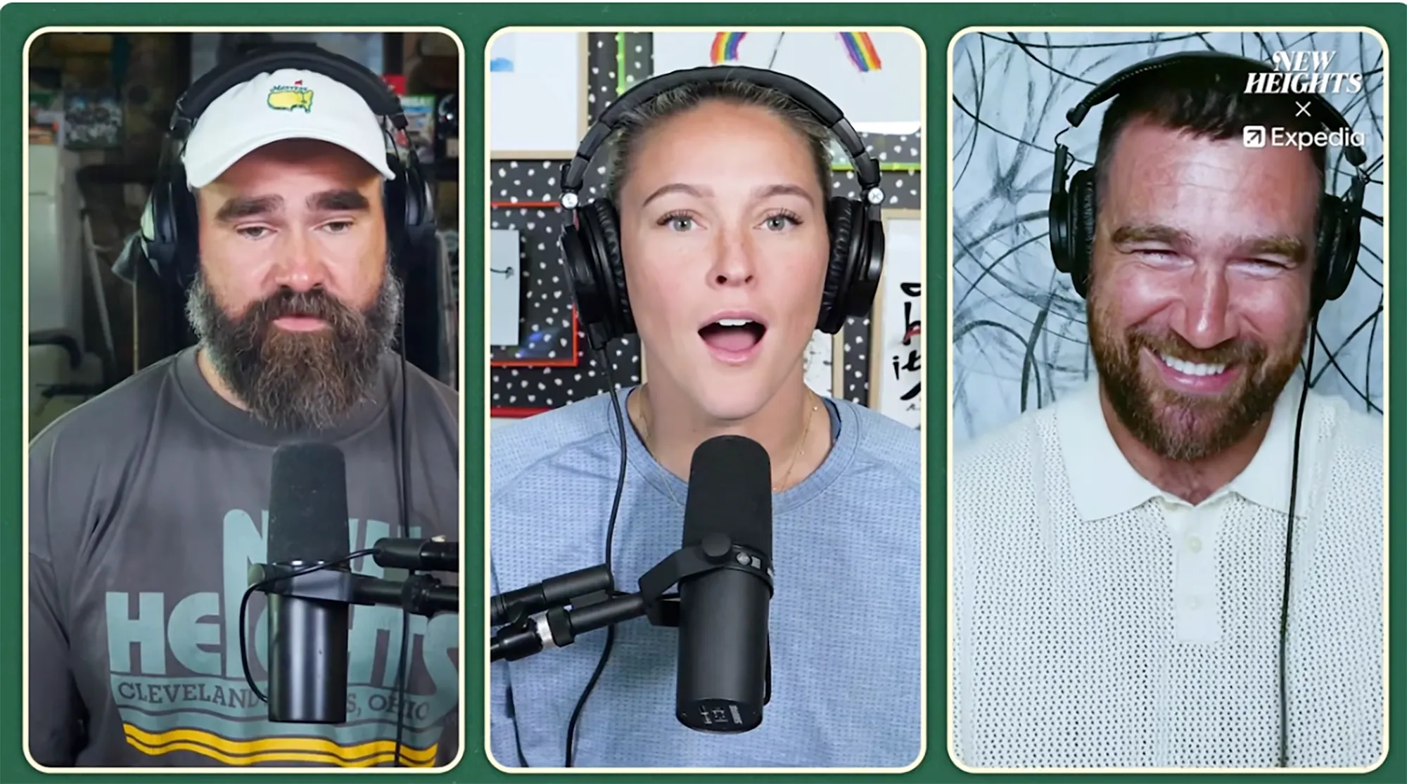 Collage of Jason Kelce, Kylie Kelce, and Travis Kelce speaking into microphones, as if on a podcast.