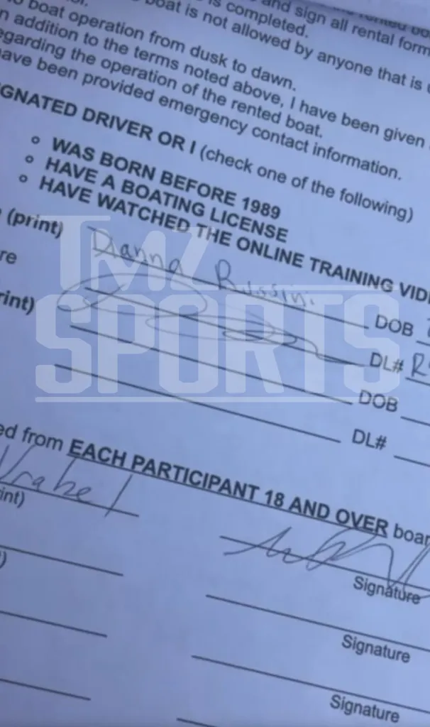 Dianna Russini's and Mike Vrabel's signatures on a boating rental form.