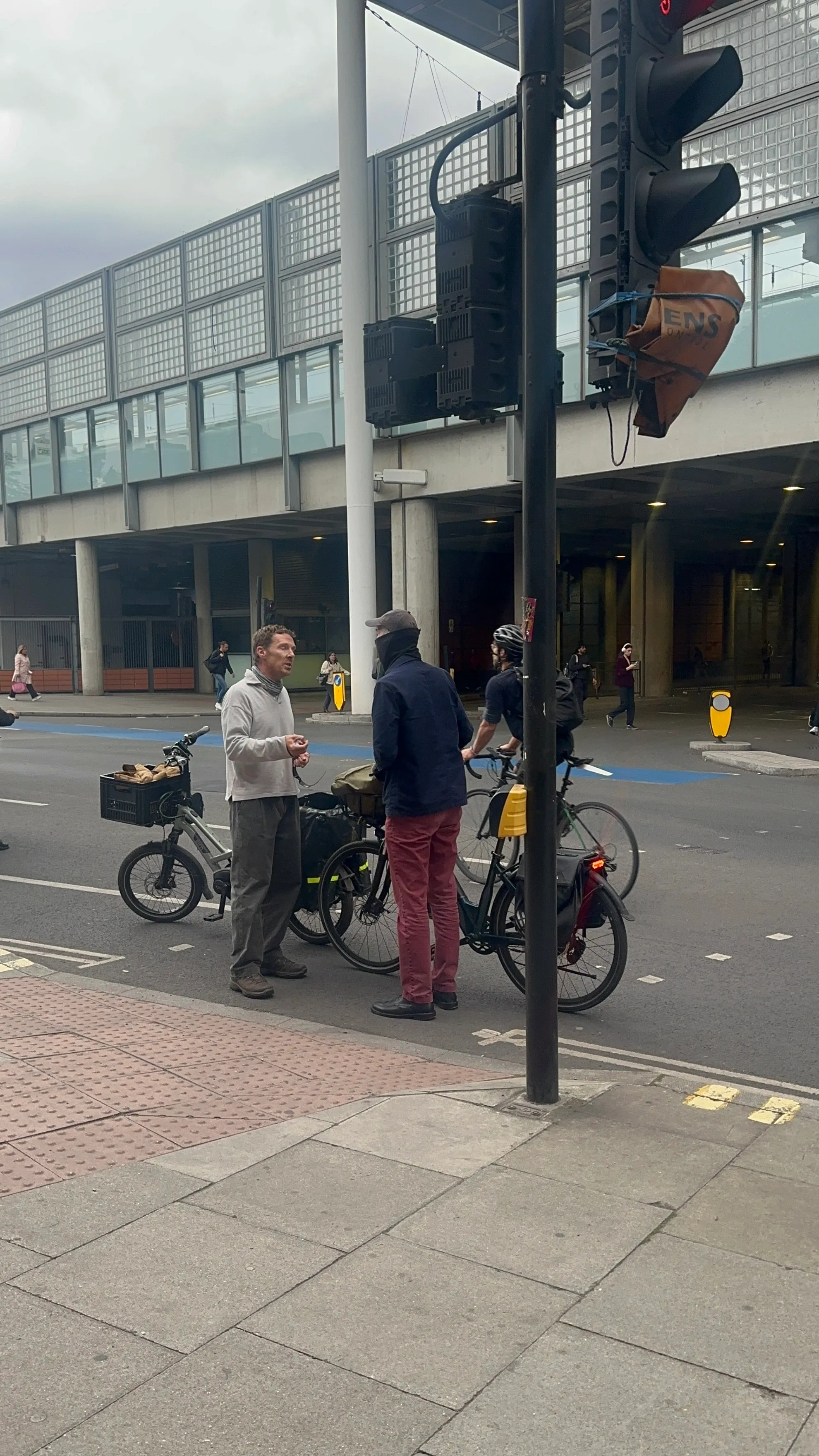 Benedict Cumberbatch in a cycling altercation with a masked cyclist on a London street.