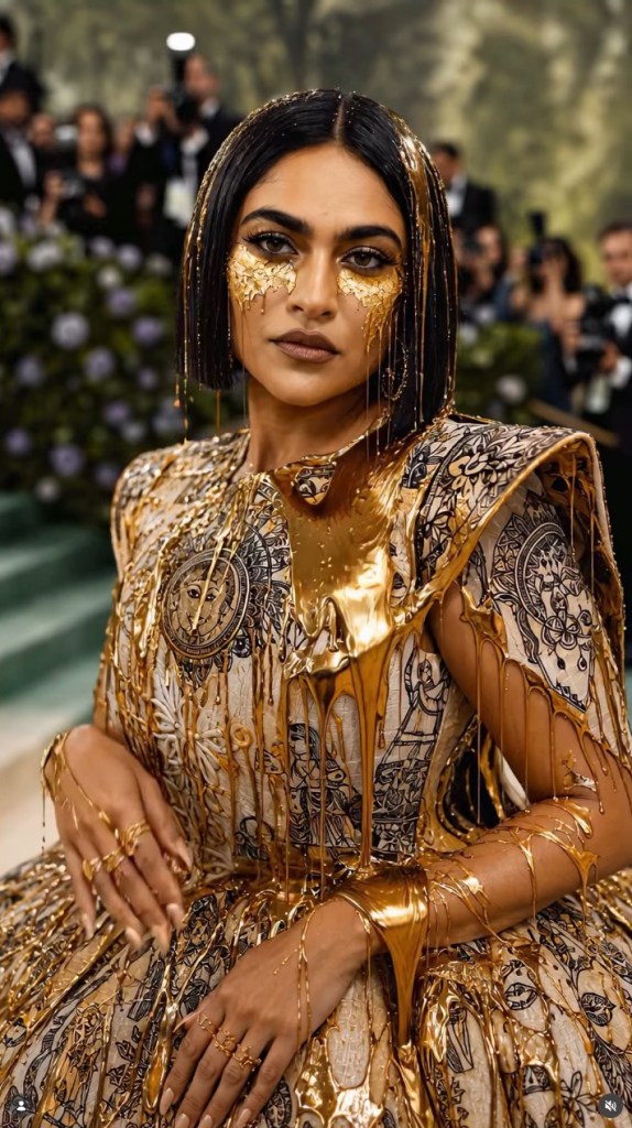 Illustration of a woman with black hair, wearing an intricate white and gold dress with Madhubani art, covered in dripping gold leaf.