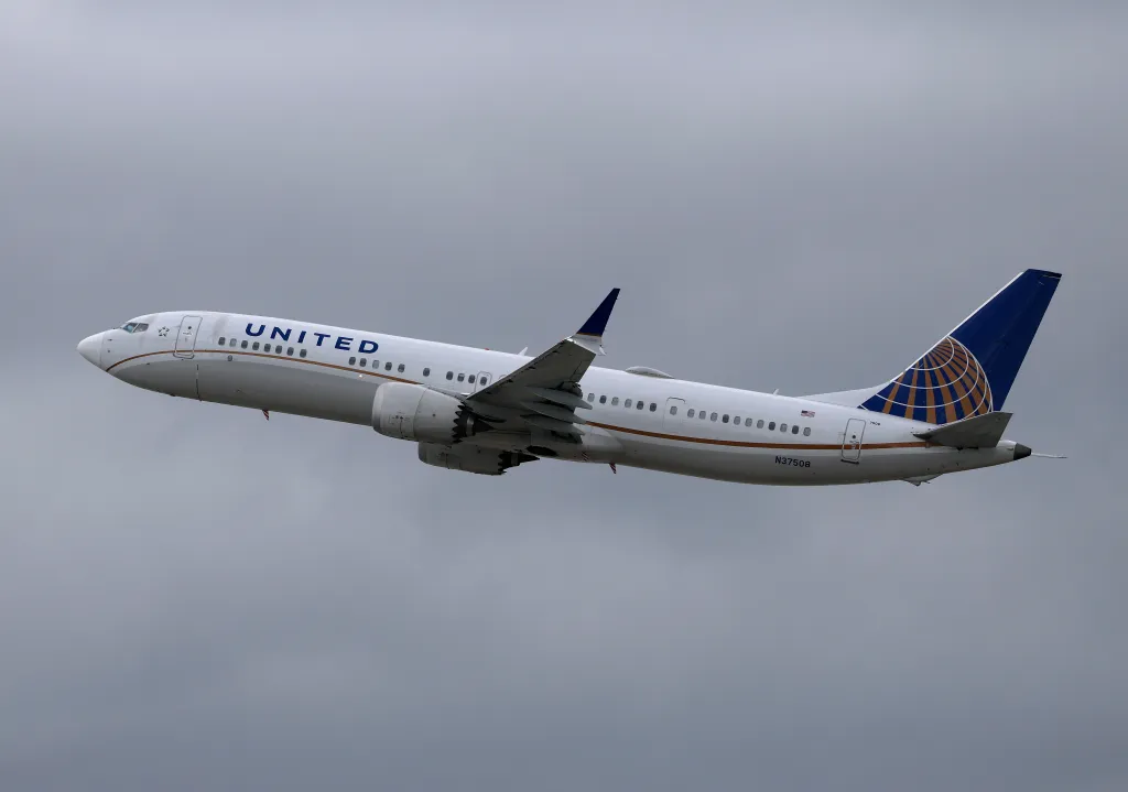 A United Airlines Boeing 737 airplane flying against a gray sky.