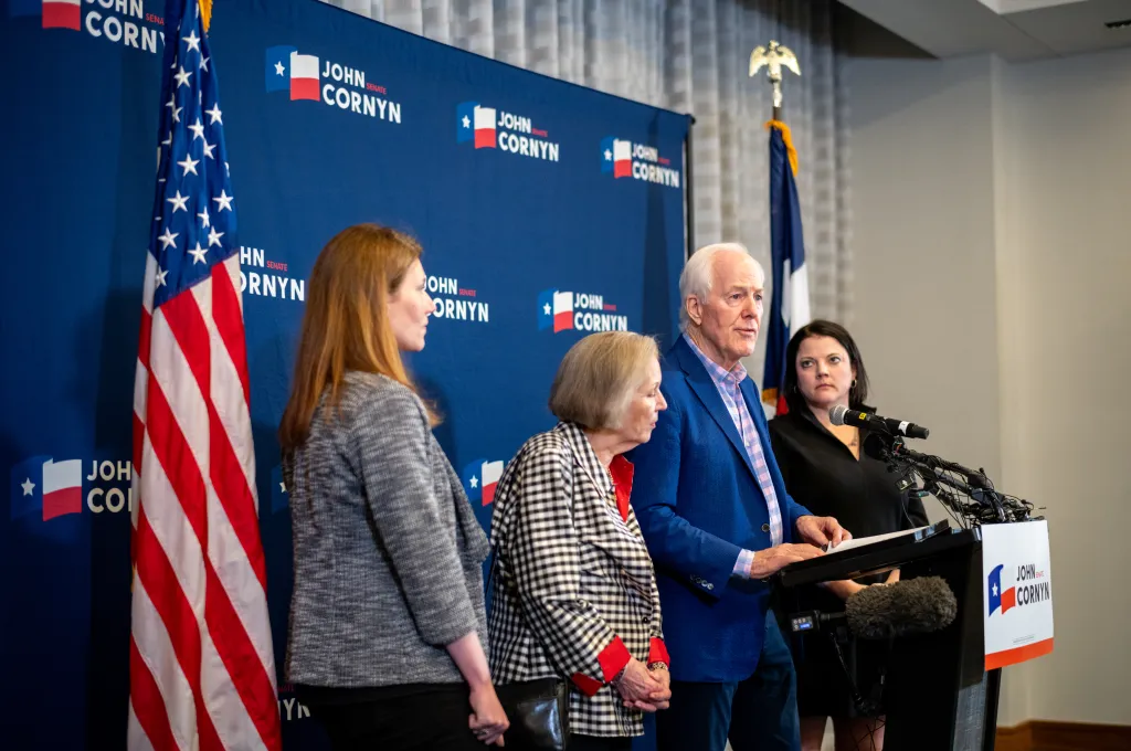 Cornyn (R-TX) speaks during a news conference at the JW Marriott Austin on May 26, 2026 in Austin, Texas. 