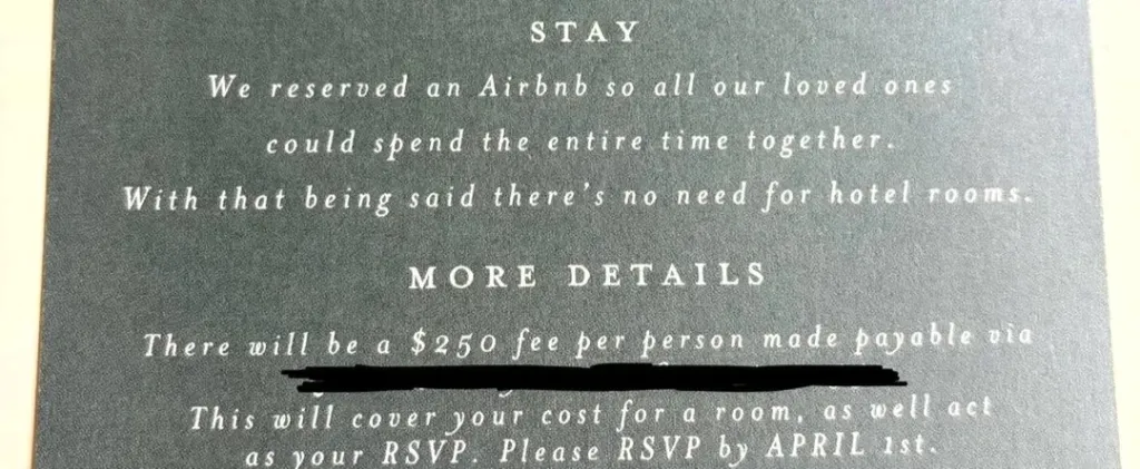 Wedding invitation detailing a mandatory $250 fee per person for an Airbnb stay, serving as the RSVP.