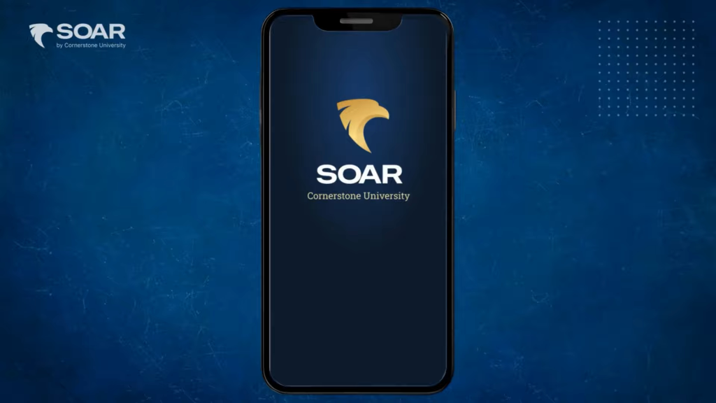Illustration of a smartphone displaying the SOAR program logo for Cornerstone University, featuring a golden eagle head and the program name.