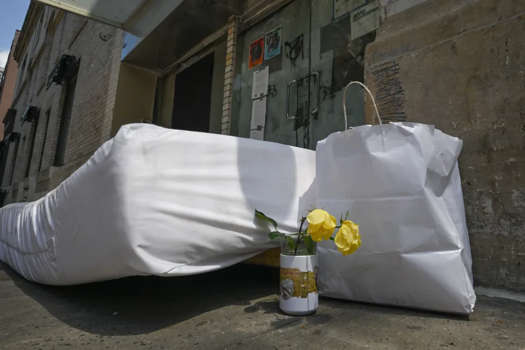 A mattress, white paper bag, and a vase with two yellow roses sitting outside a building.
