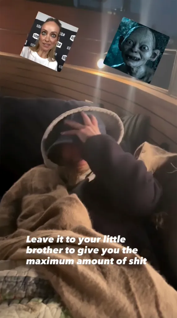 A person covering their face, with images of Olivia Wilde and Gollum above, and text reading 