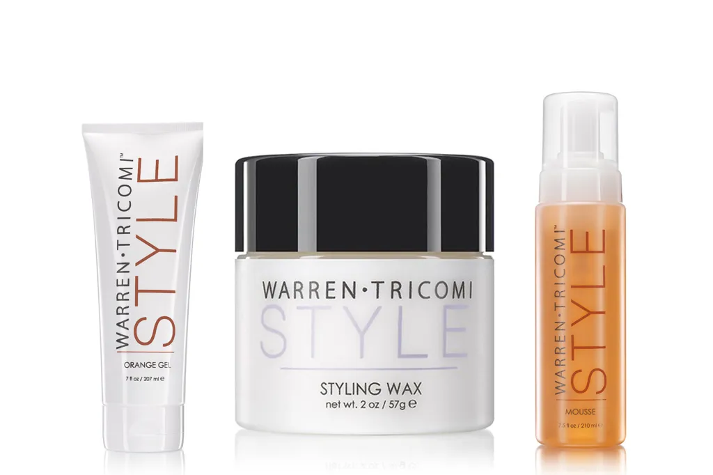 Warren Tricomi Style hair products including orange gel, styling wax, and mousse.