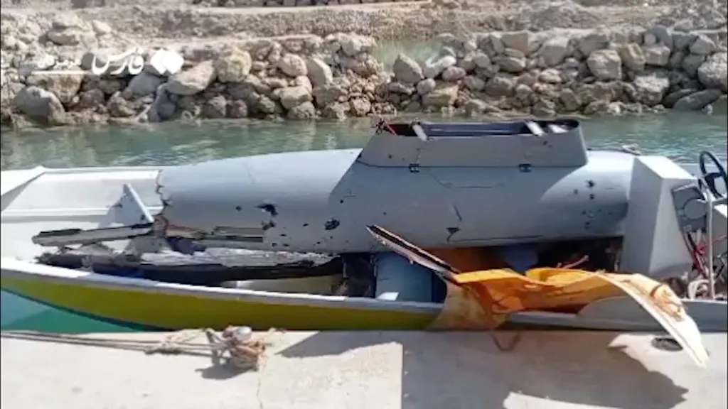 The wreckage of a drone in a boat at Hormuz Island.