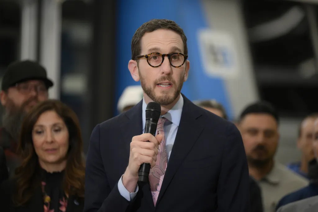 Senator Scott Wiener speaking at the BART Colma Maintenance Yard.