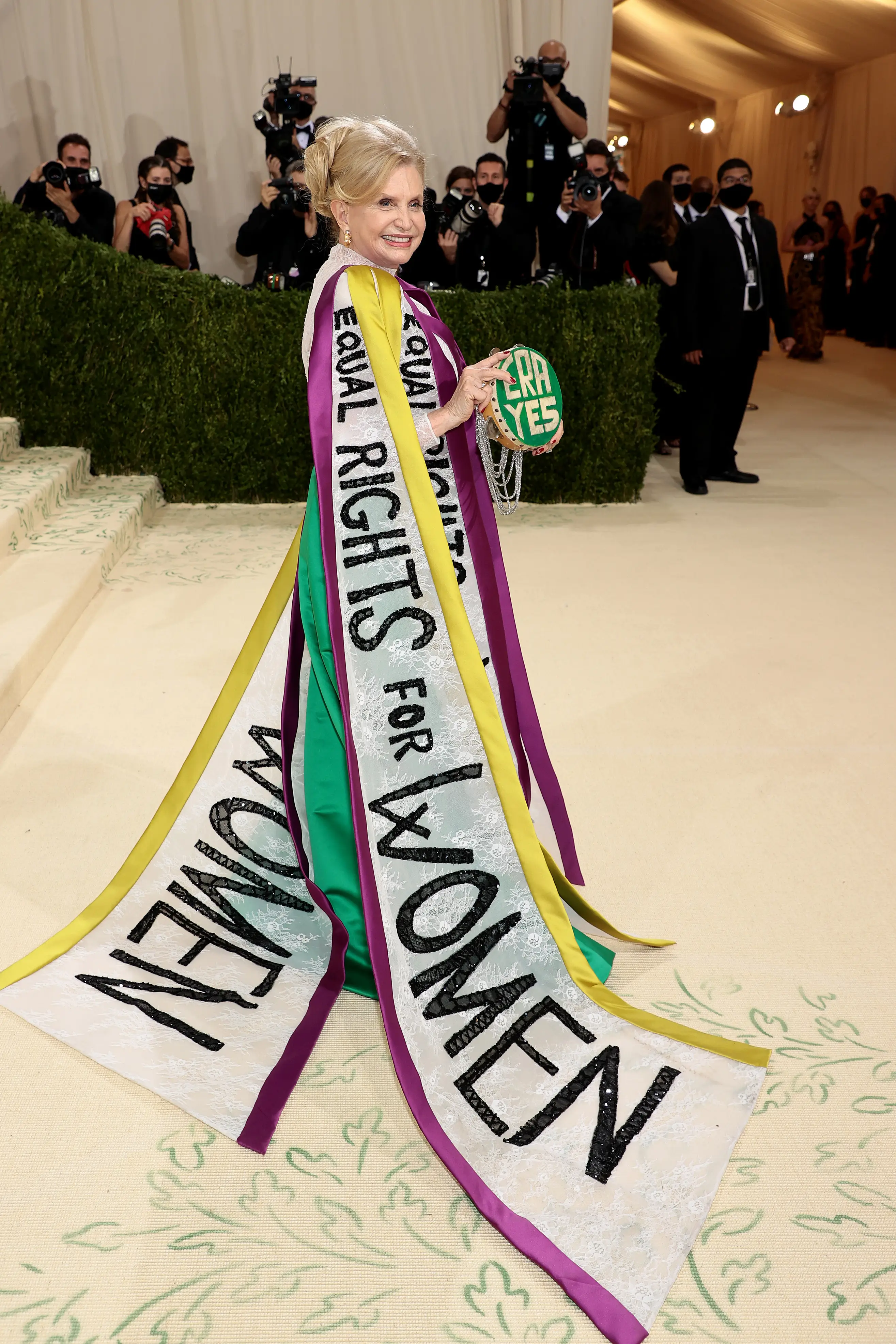 Carolyn B. Maloney wears a dress that says 