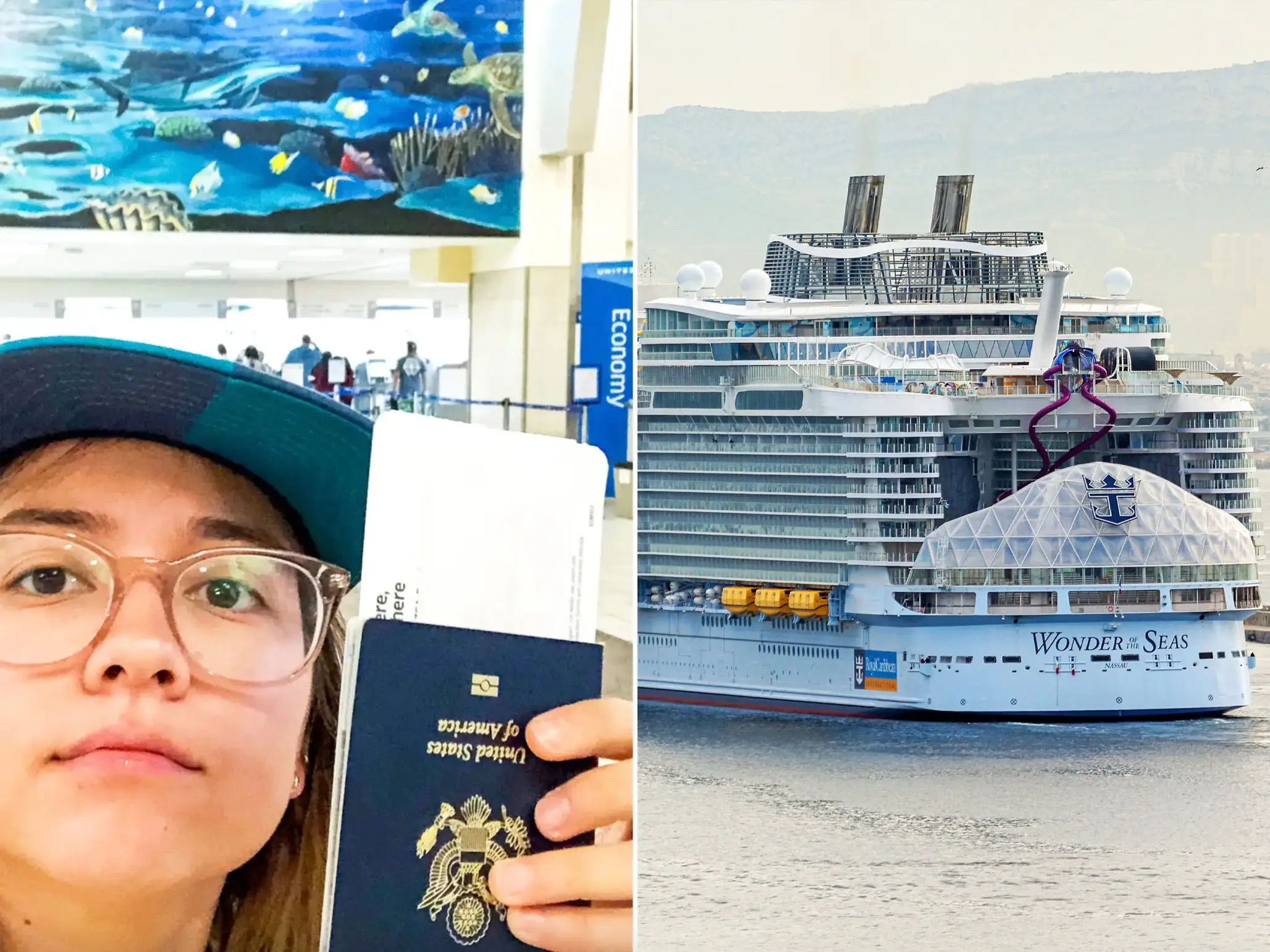 The author holds a passport at an airport (L) Wonder of the seas cruise ship (R)