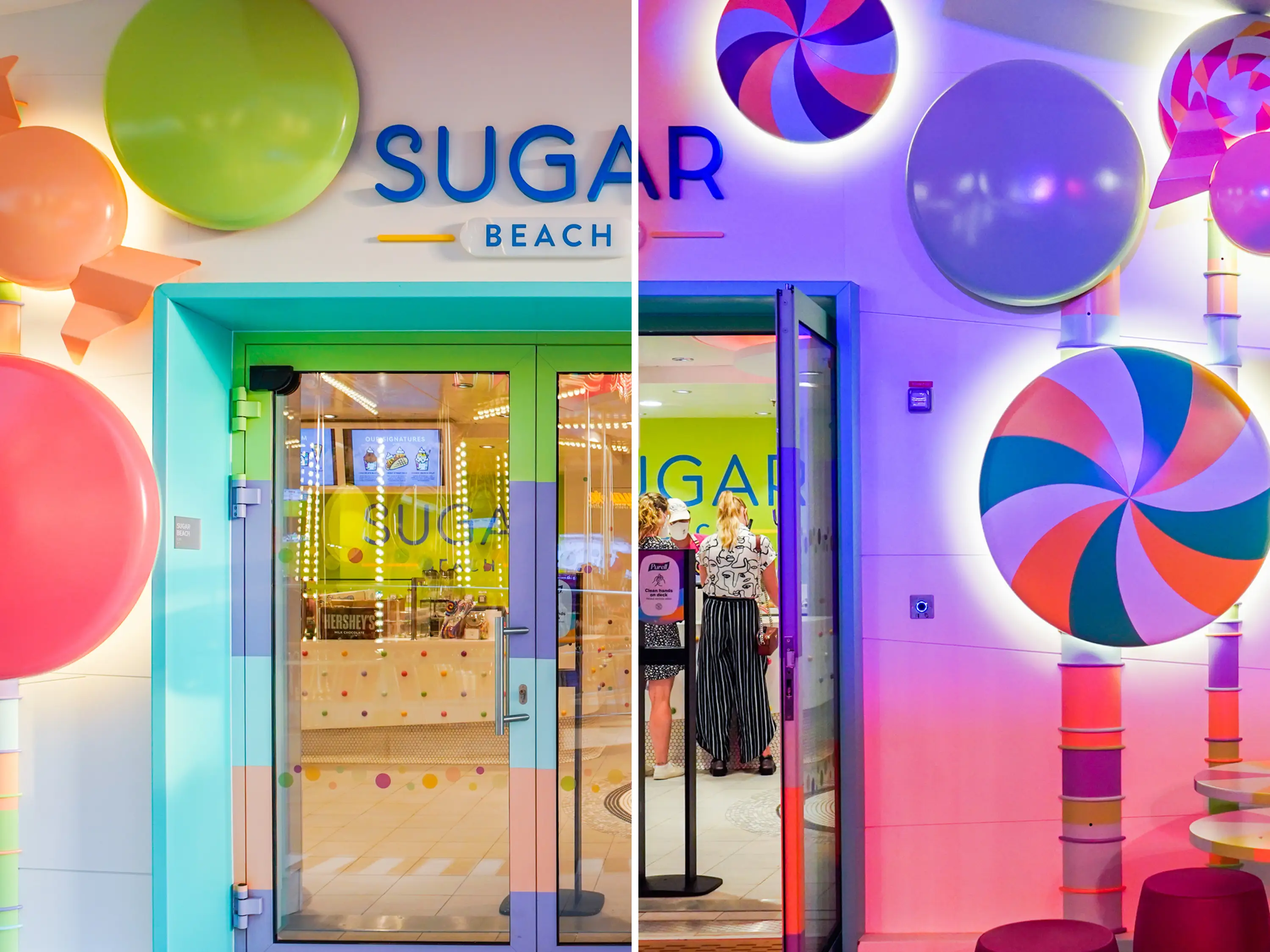 sugar beach on the world's largest cruise ship during the day and at night