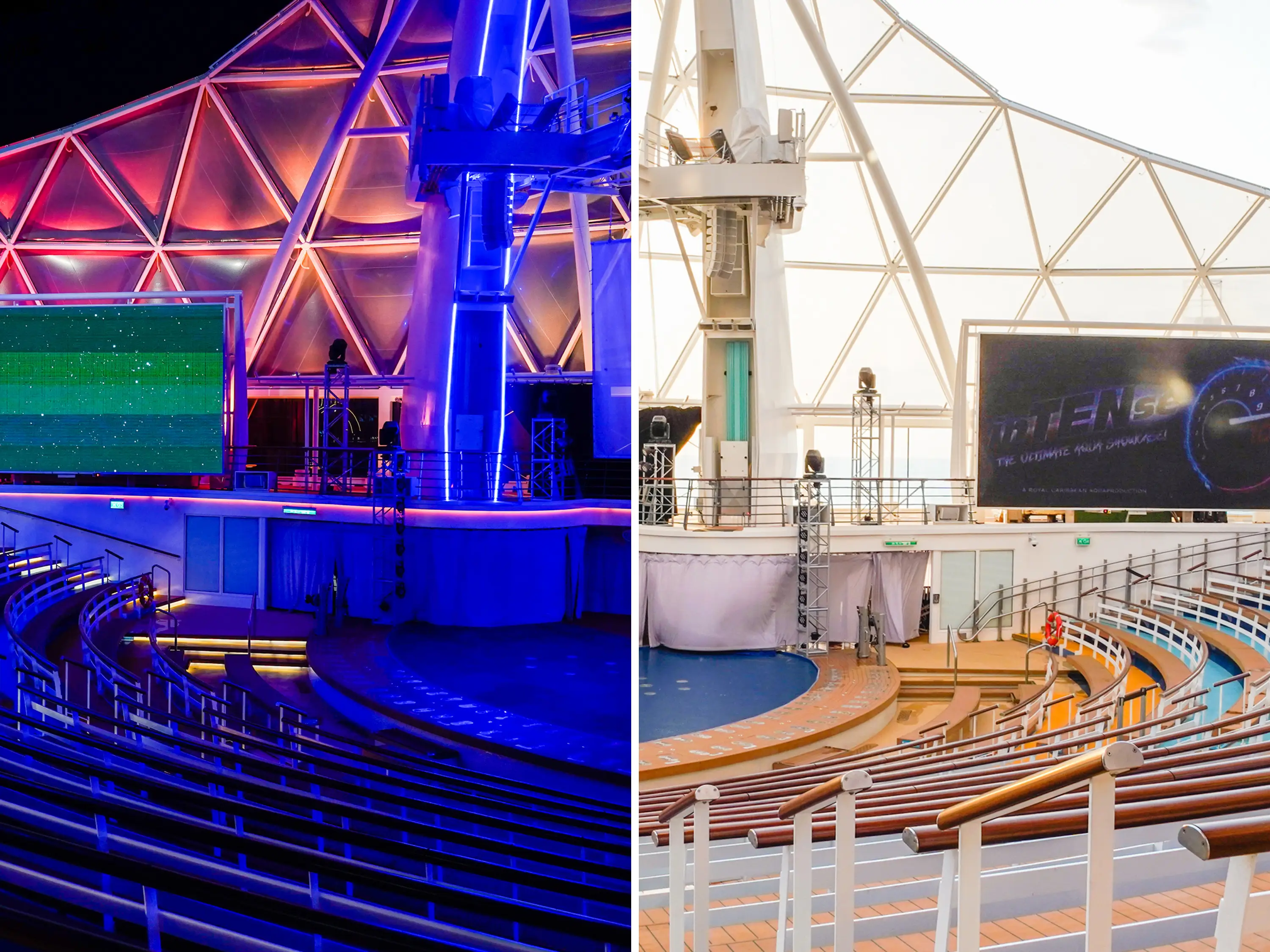 Aquatheater on the world's largest cruise ship during the day and at night