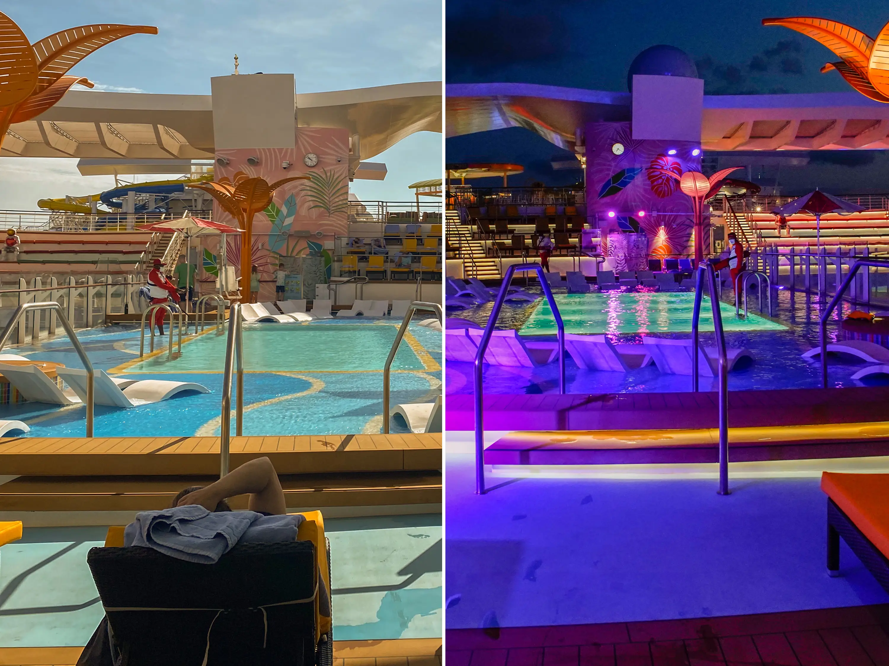 Pool on the world's largest cruise ship during the day and at night