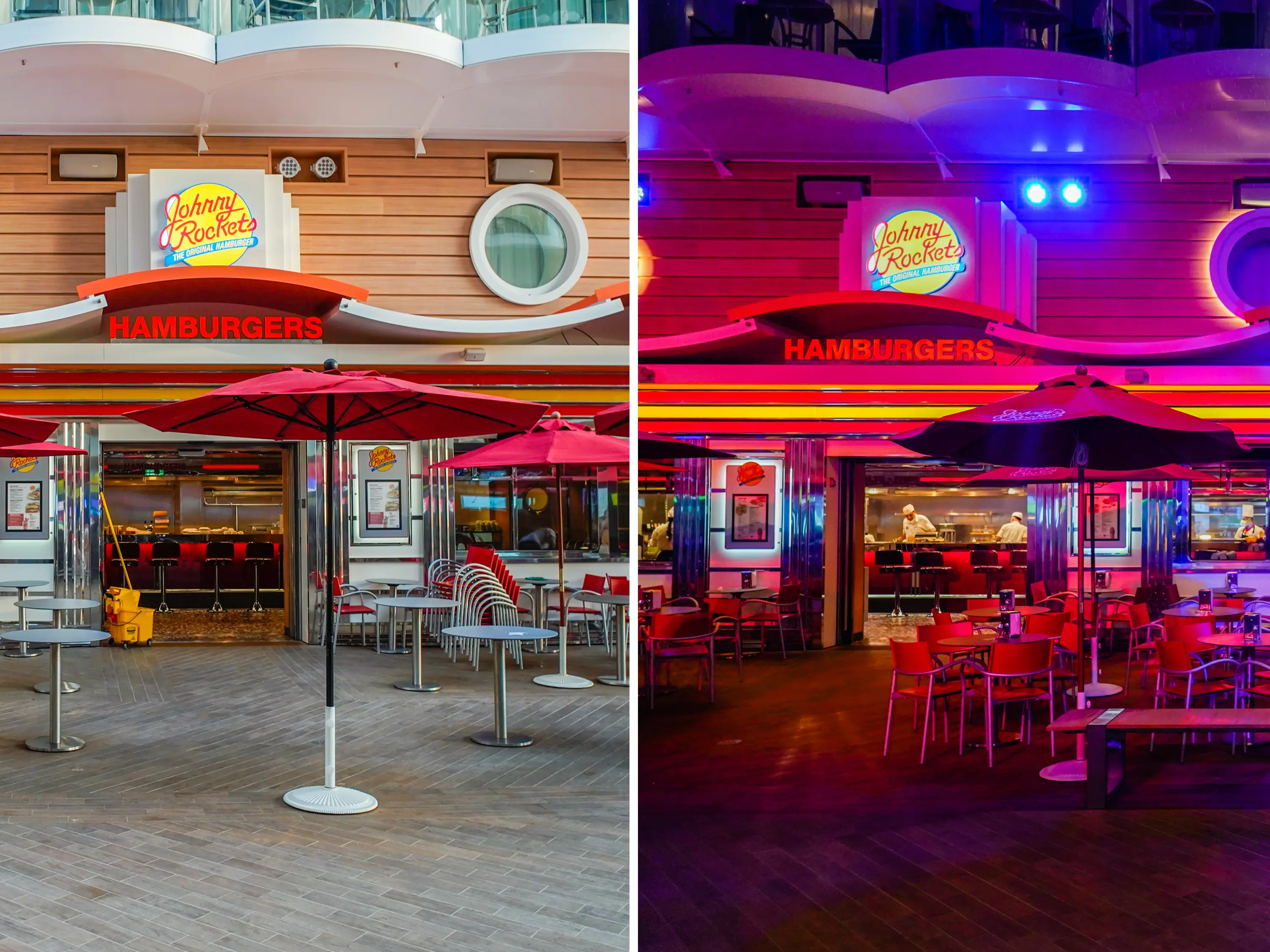 Johnny Rockets on the world's largest cruise ship during the day and at night