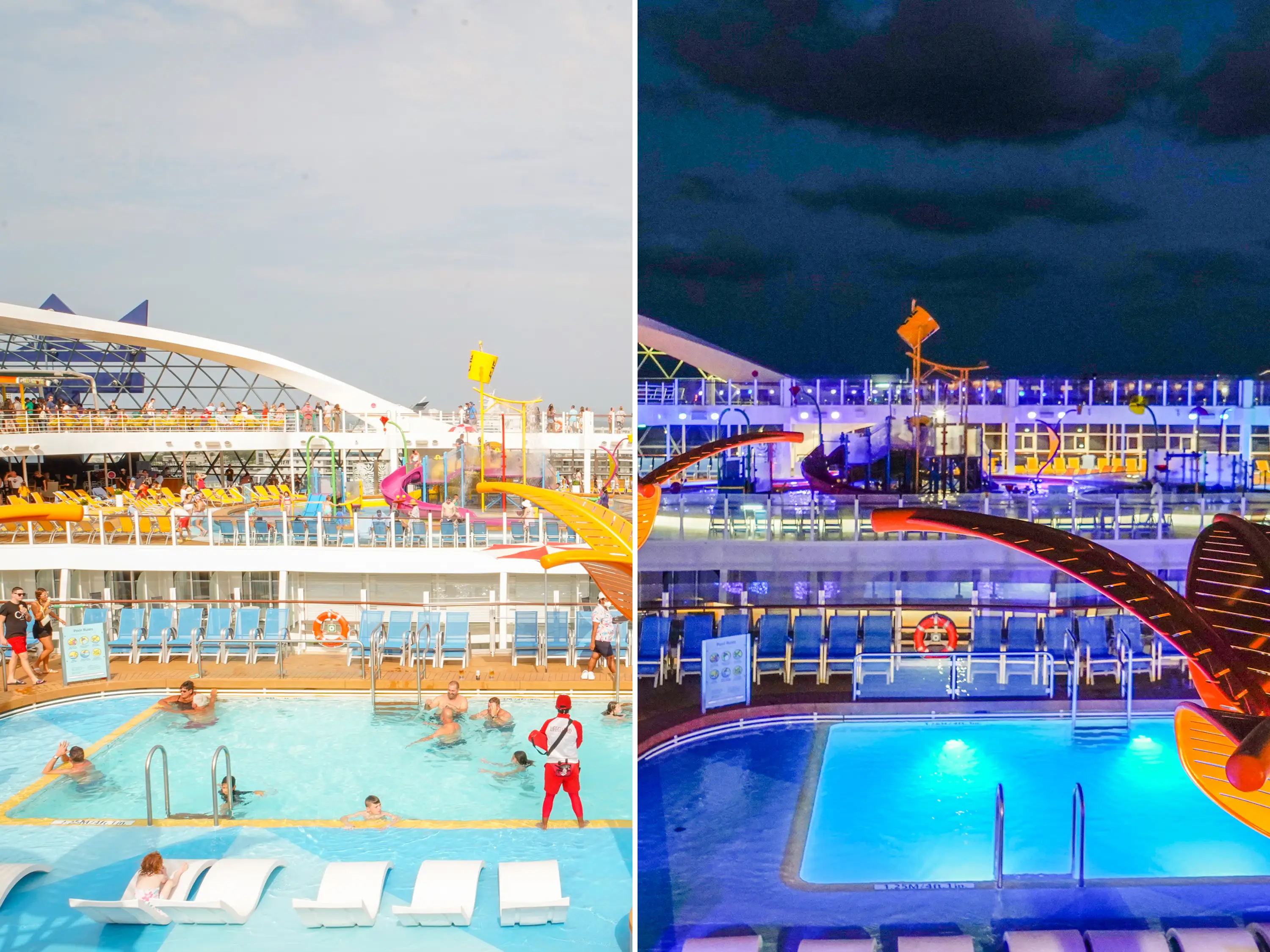 Pools on the world's largest cruise ship during the day and at night