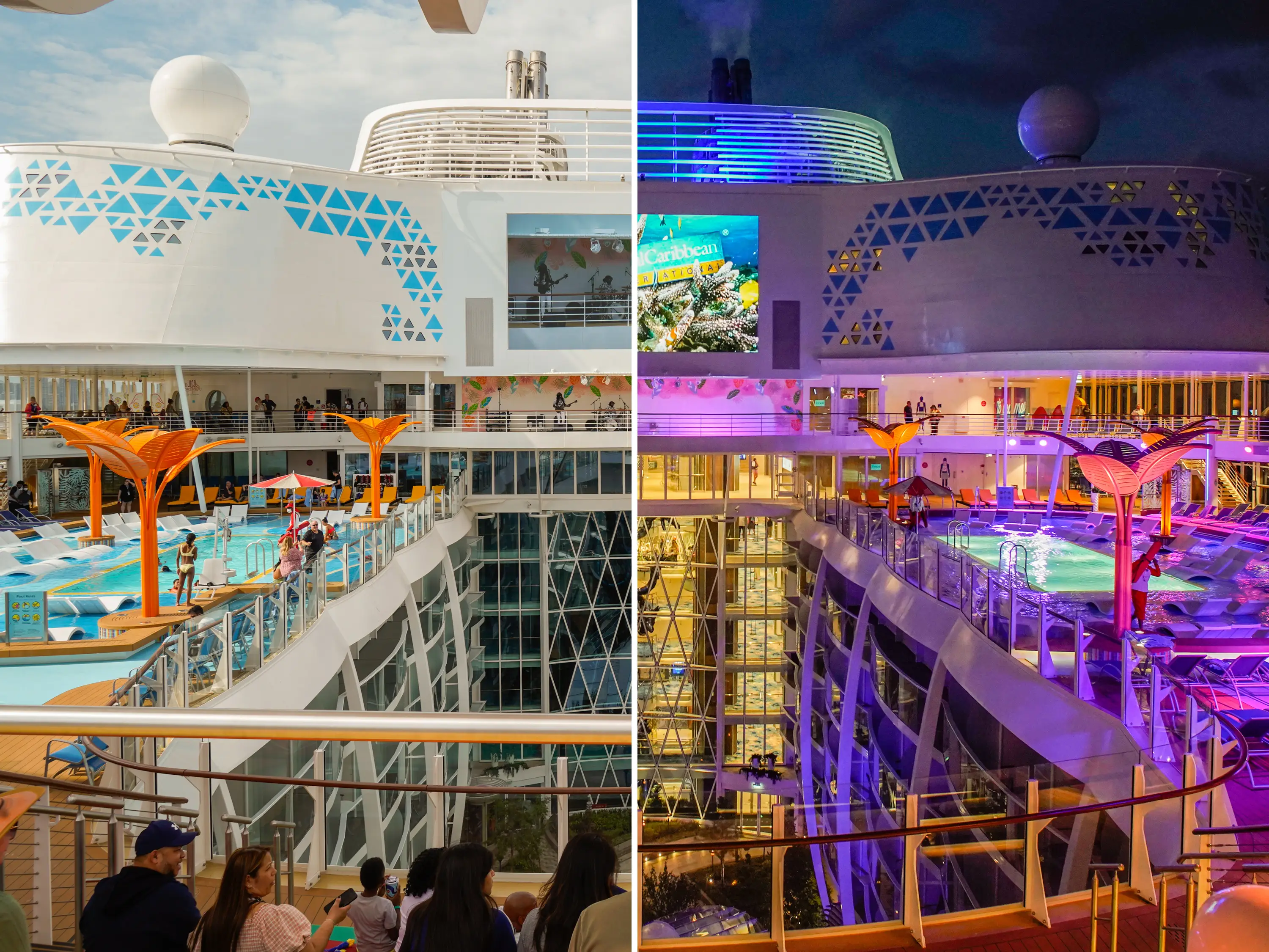 screen on the world's largest cruise ship during the day and at night